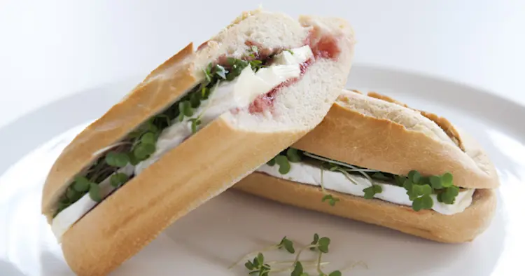 Mozarella and tomato baguette on white plate with cress garnish