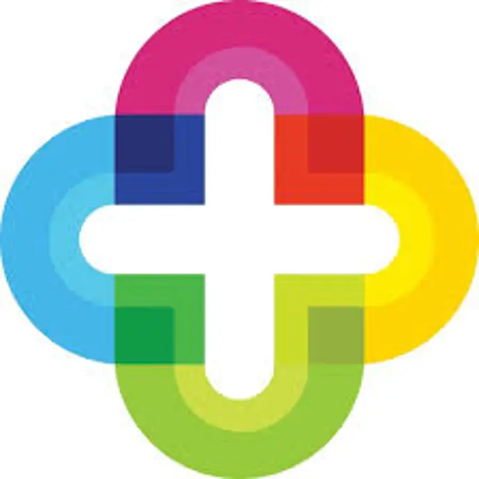 The Come Correct symbol - white cross with colourful surround - blues, pinks, greens and yellows
